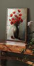 a painting of red flowers in a vase on a table