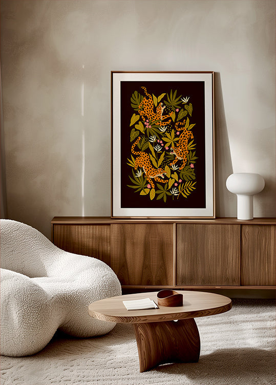 Leopards or jaguars with tropical leaves and plants on dark black background (NEW) - Posterbox