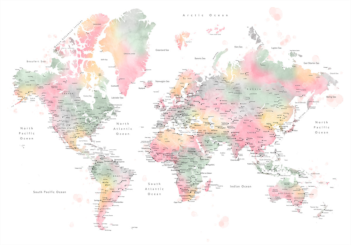 Pastel watercolor world map with cities, Anjah - Posterbox