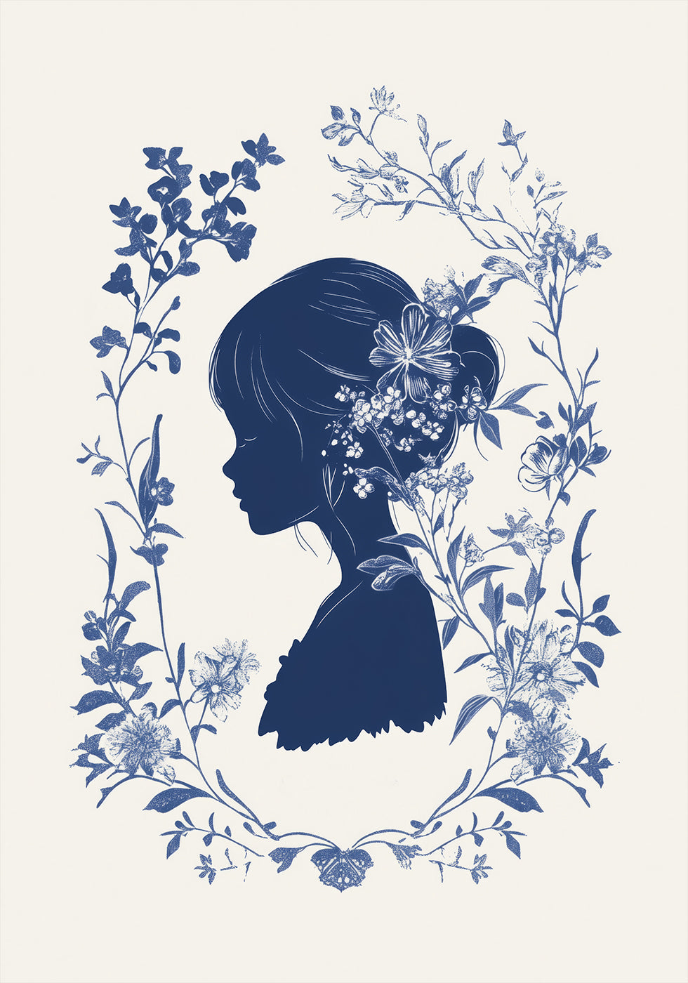 Blumensilhouette, Mädchen in Blüte, Indigo Botanical Poster 