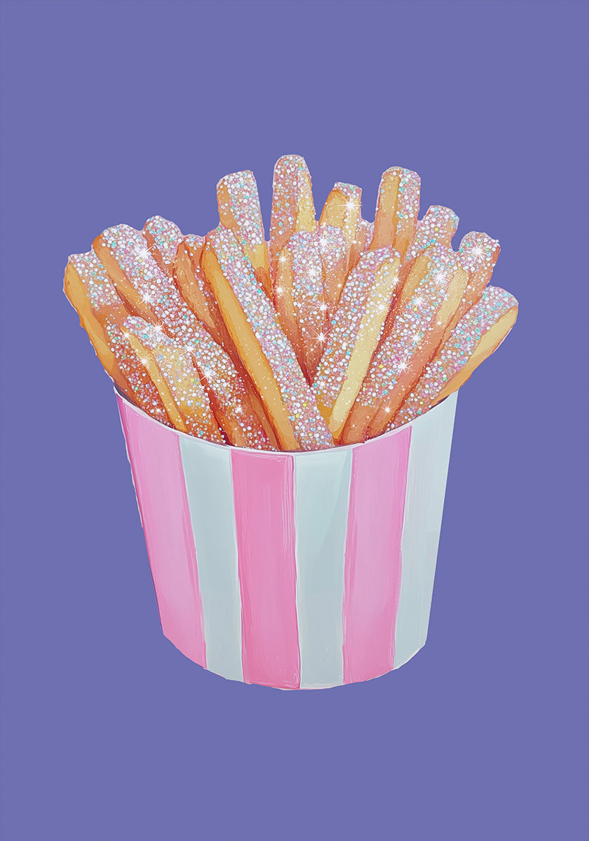 Glitter French Fries in Pink Striped Cup - Unique Food Art Plakat - Posterbox
