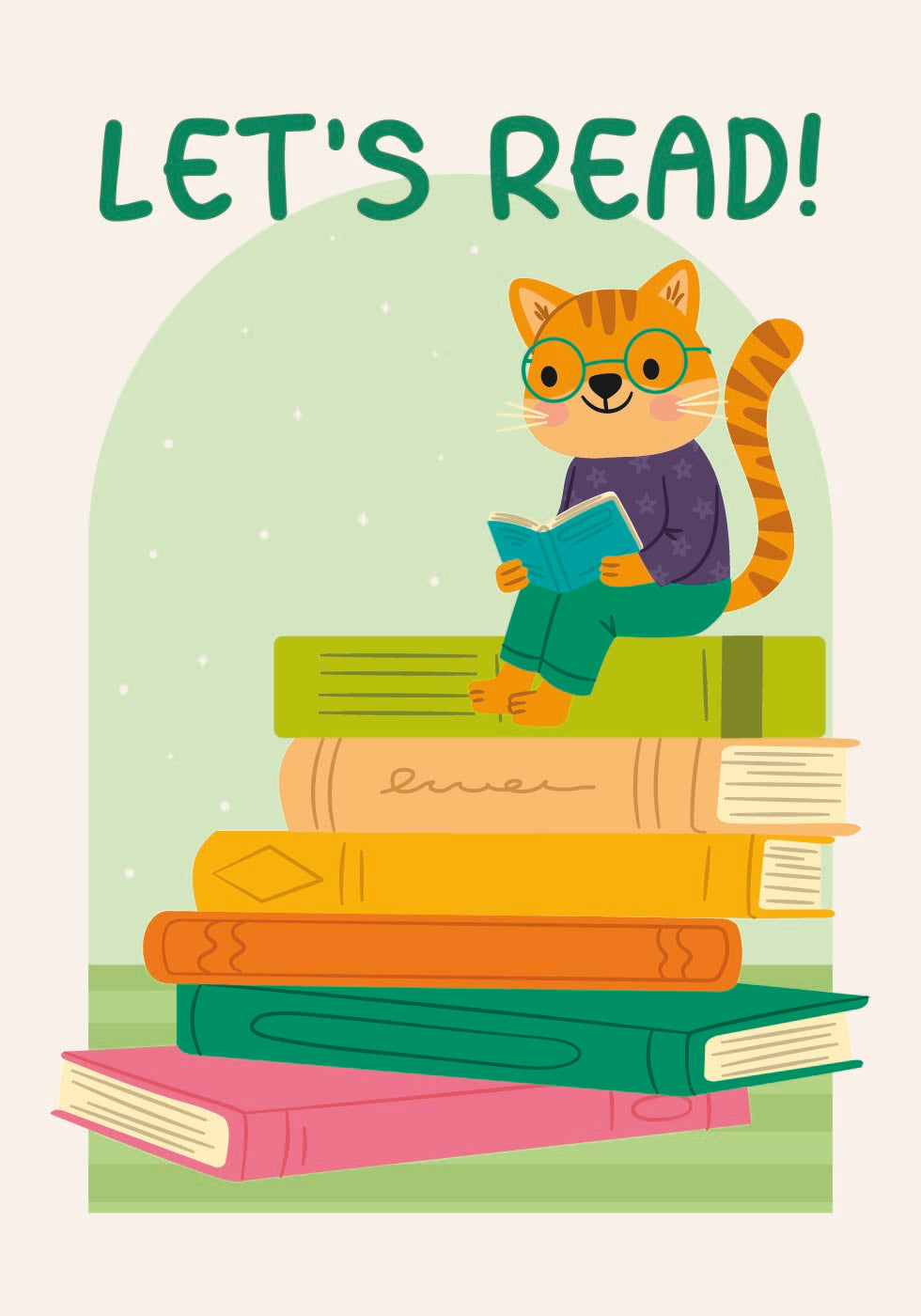 Katze liest auf Bücherstapel, lasst uns lesen Poster 