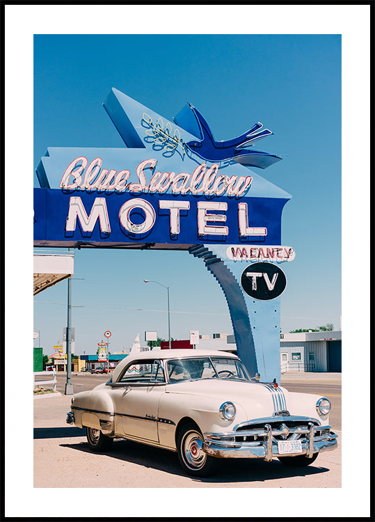 Blaues Schwalben-Motel-Poster