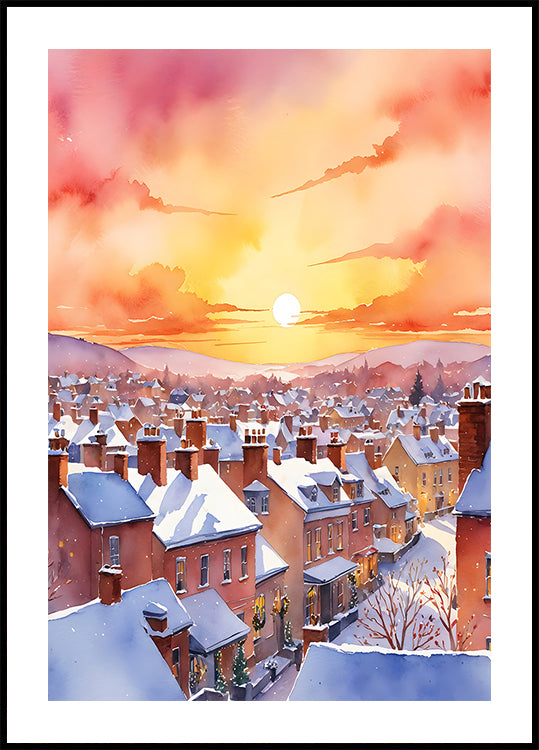 Verschneites Weihnachtsmorgen-Sonnenaufgang-Poster