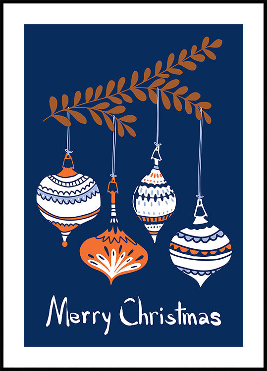 Fröhliche kleine Weihnachtskugeln, blaues Poster