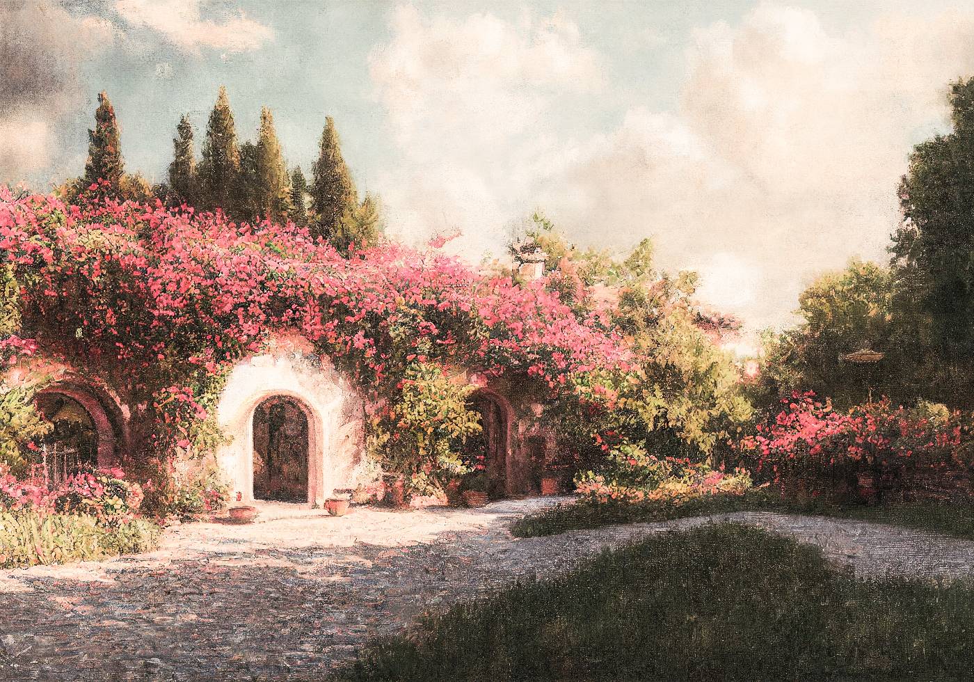 Altes Haus mit Blumen Vintage Gemälde Poster - Posterbox.no