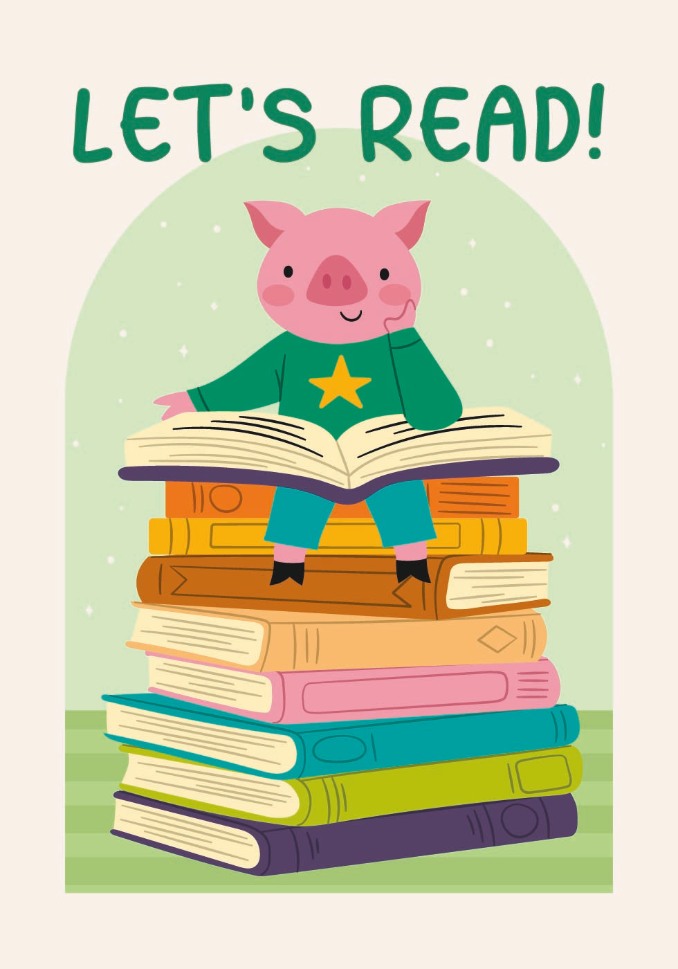Schwein liest auf Bücherstapel, lasst uns lesen Poster 