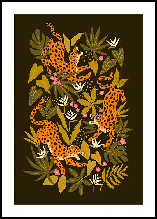 Leopards or jaguars with tropical leaves and plants on dark black background (NEW) - Posterbox