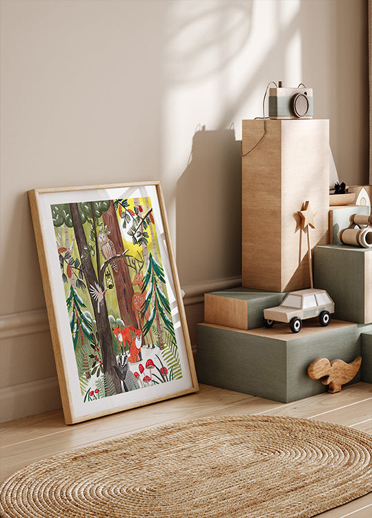 Green Christmas forest with animals Plakat - Posterbox