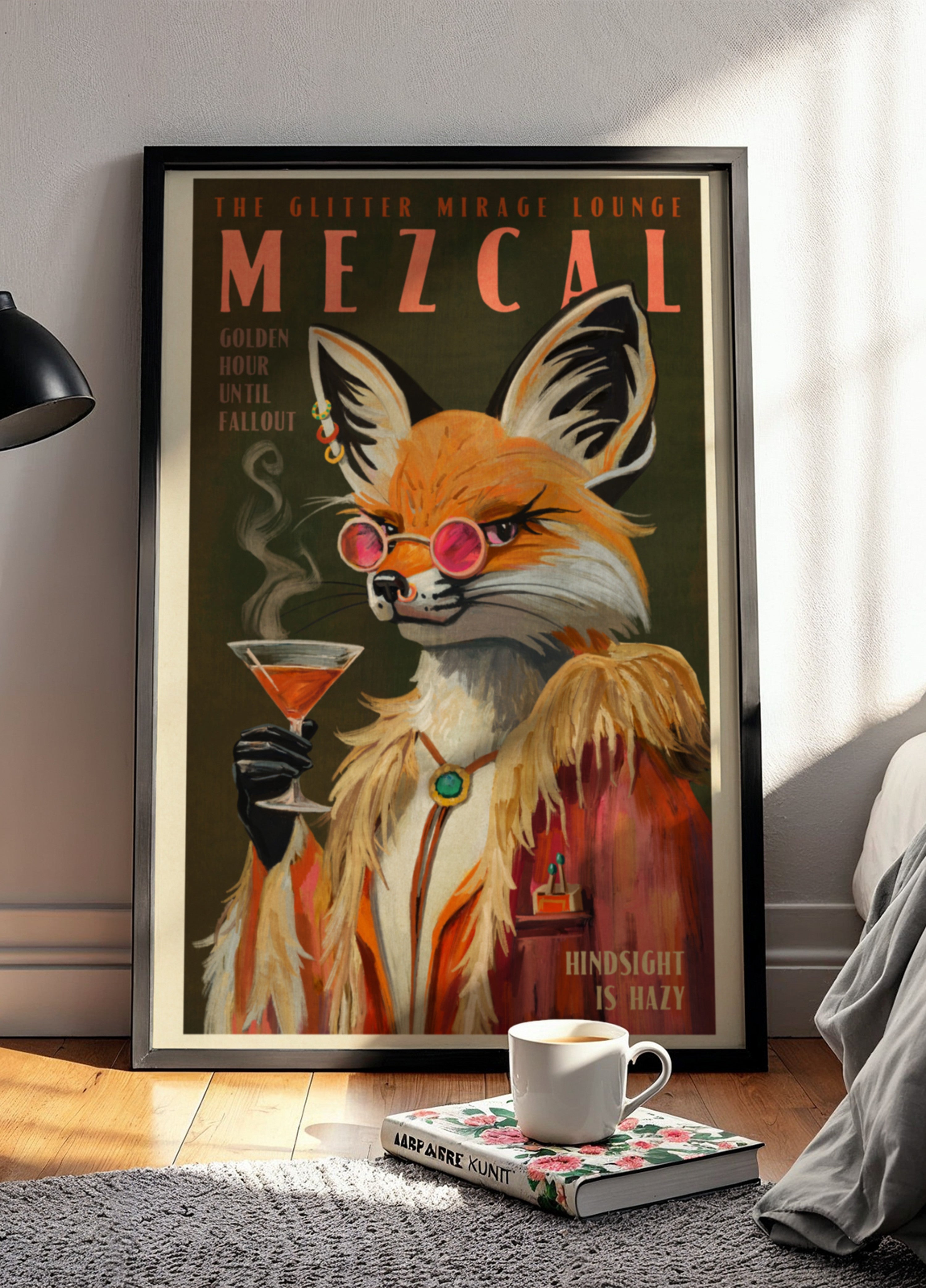 Mezcal-Fuchs-Druck. Vintage-Alkohol-Poster und Cocktail-Dekoration