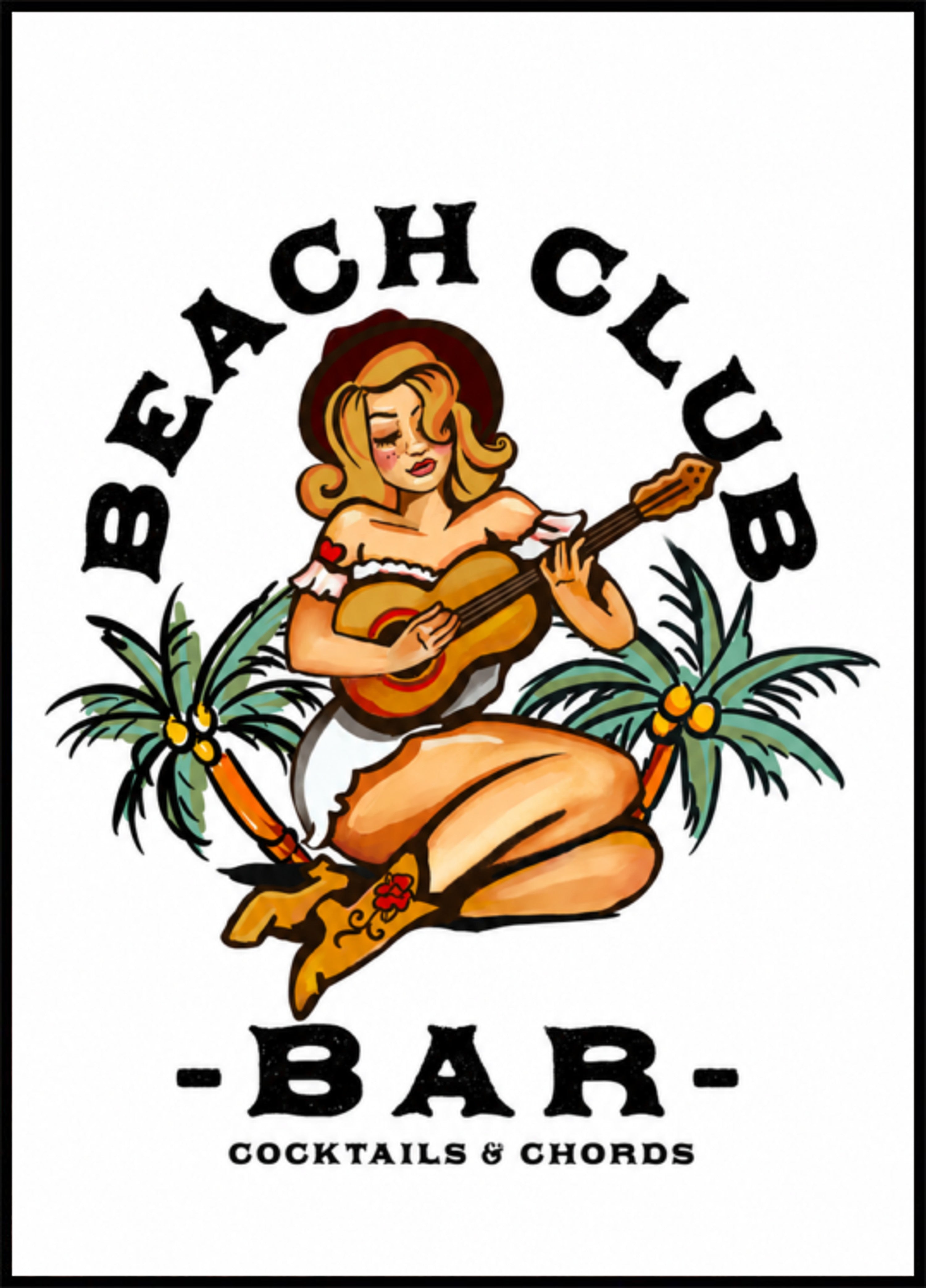 Beach-Club-Bar. Sailor Jerry Style Pin-up-Girl, das Gitarre spielt