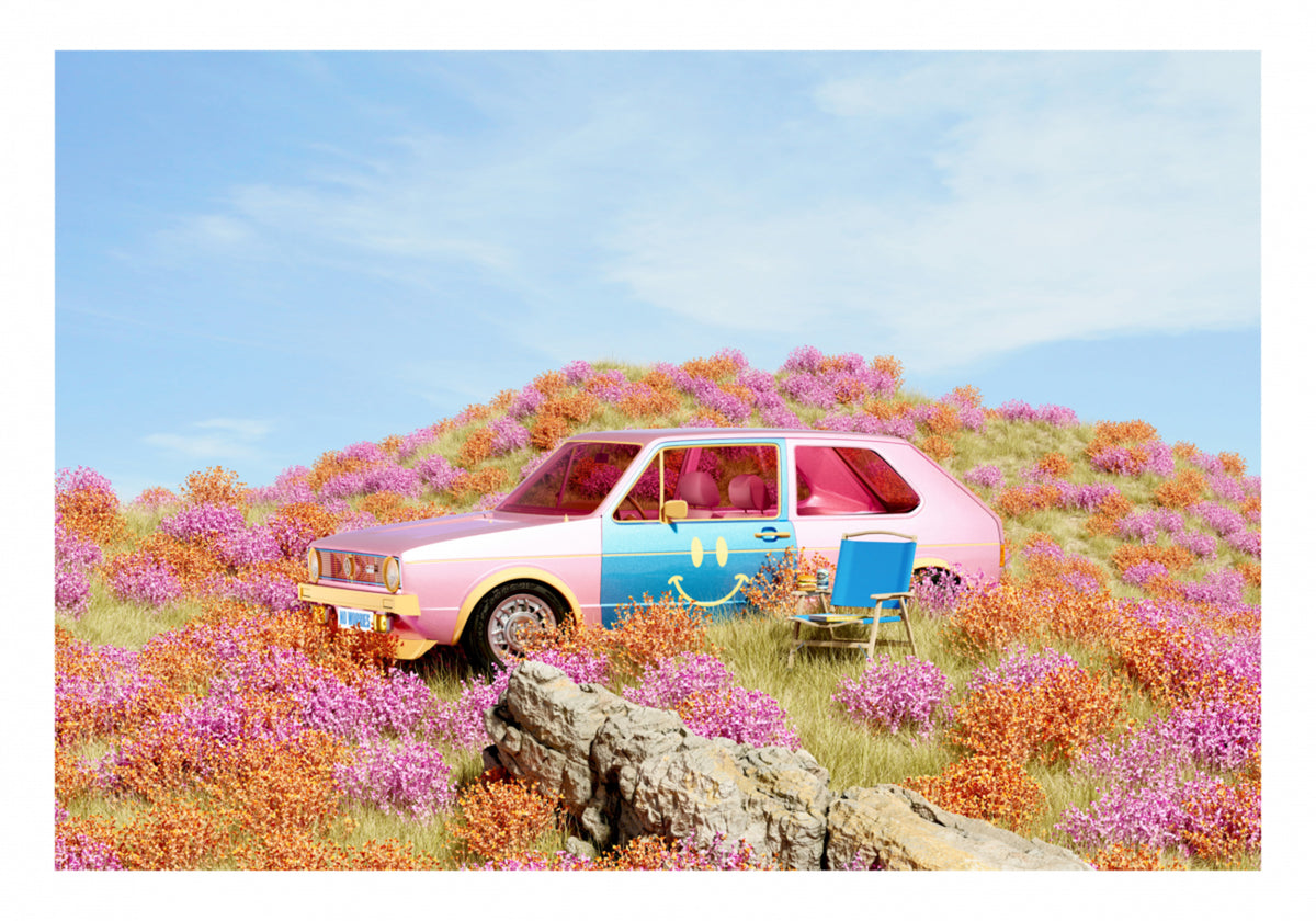 Smiley-Auto in Blumen