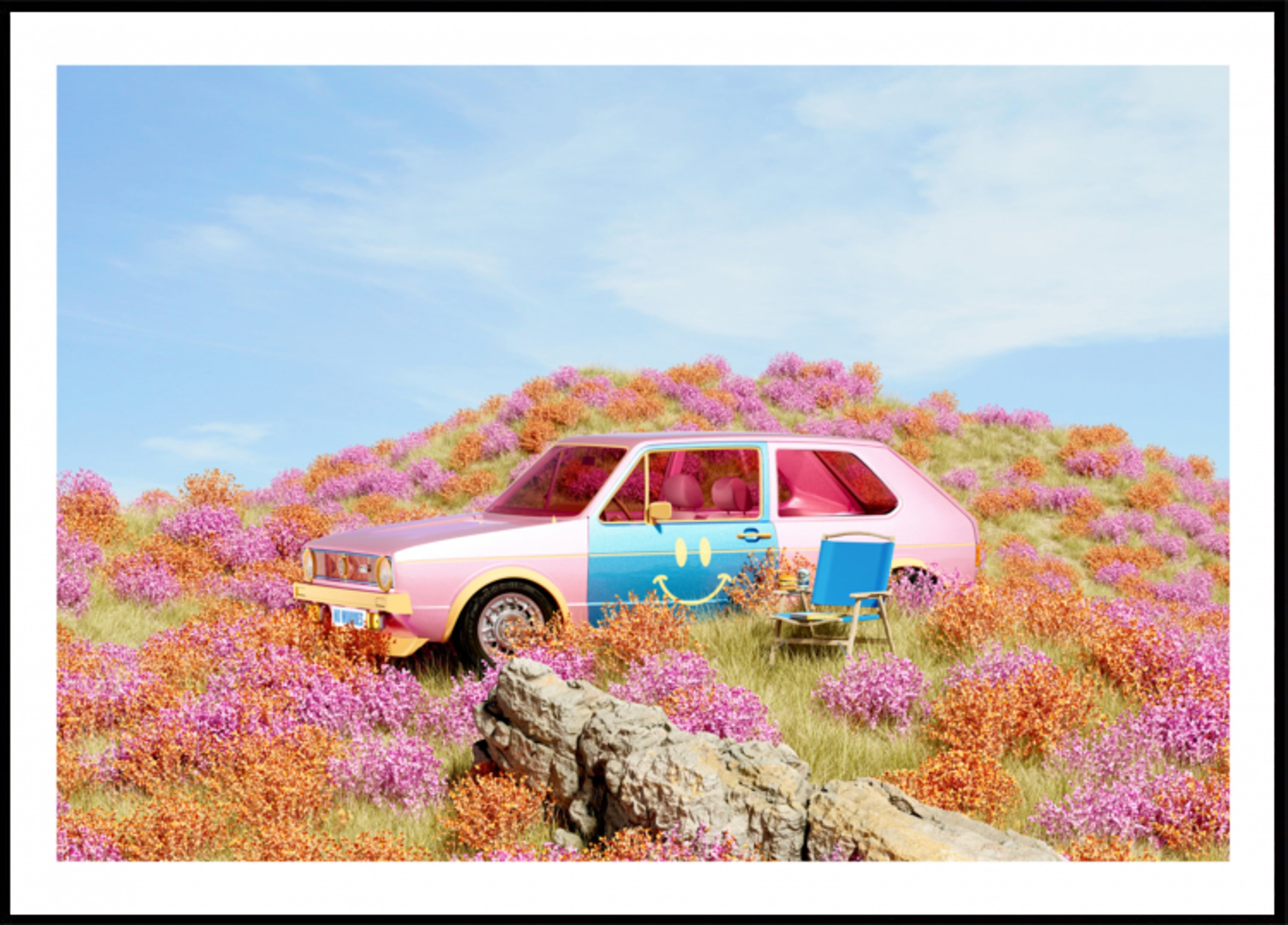 Smiley-Auto in Blumen