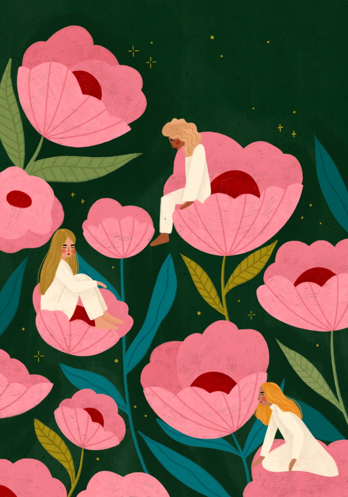 Ruhige Frauen in Blumen