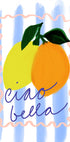 eine lebendige Illustration von zwei Zitronen und einer Orange, darunter der Satz „ciao bella“ in Kursivschrift.