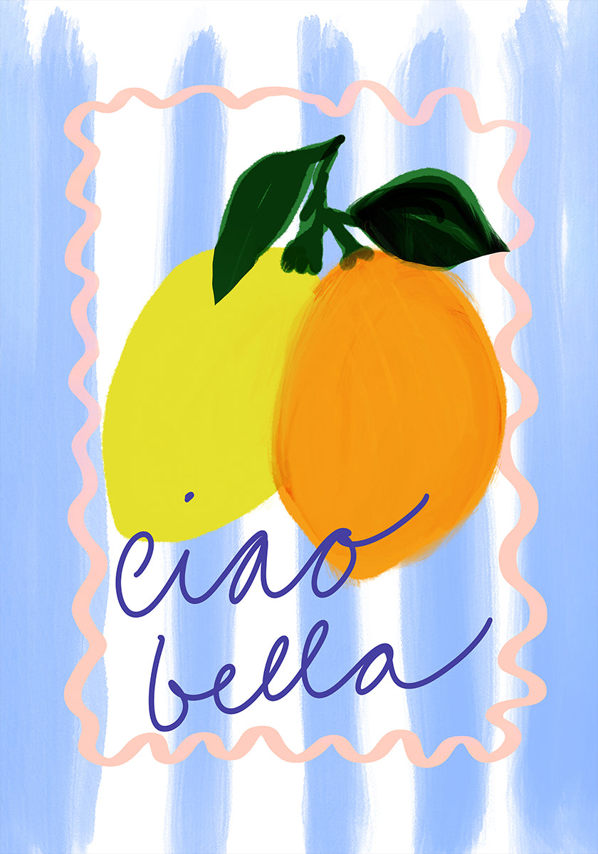 eine lebendige Illustration von zwei Zitronen und einer Orange, darunter der Satz „ciao bella“ in Kursivschrift.