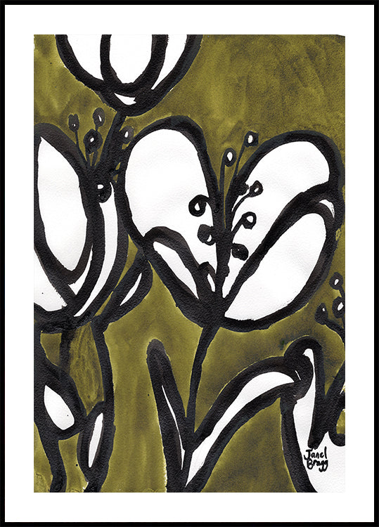 Floral With Tulips In Moss Green Plakat - Posterbox
