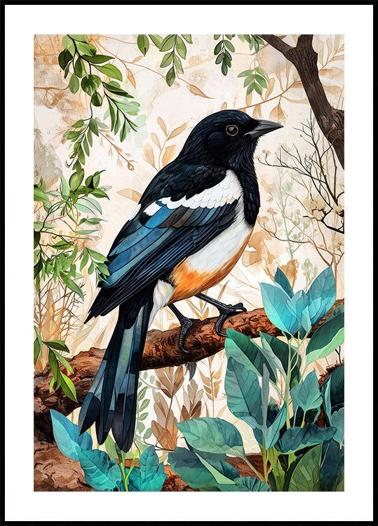 Animal Watercolor Art Bird Magpie Plakat - Posterbox