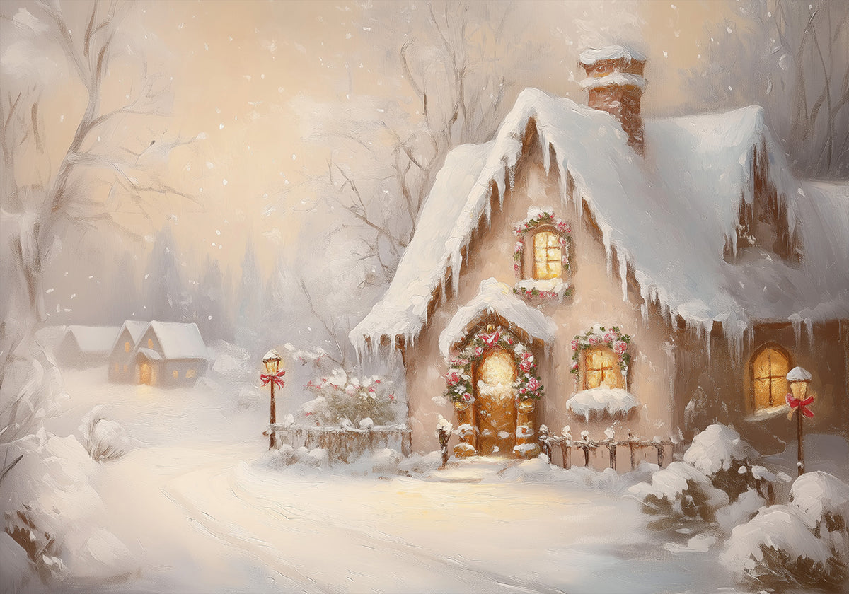 Snowy Cottage at Dusk Plakat - Posterbox