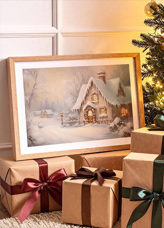 Snowy Cottage at Dusk Plakat - Posterbox