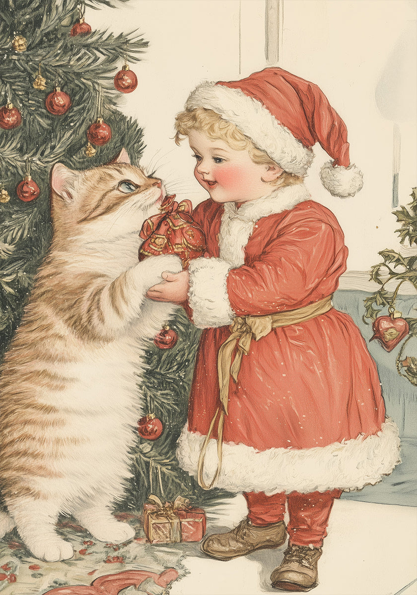 Christmas Kid and Cat Plakat - Posterbox