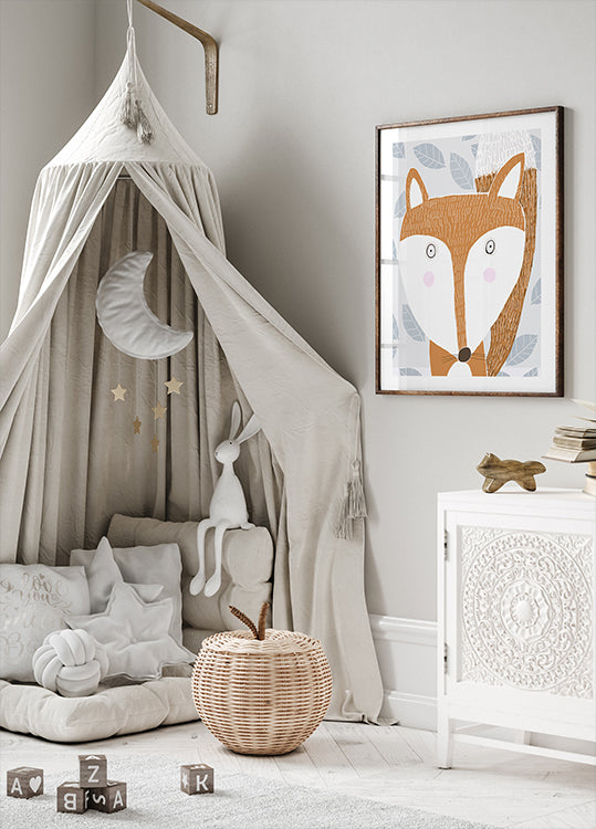 Niedlicher Rotfuchs mit grauem Blattmuster von der Künstlerin Carla Daly Poster