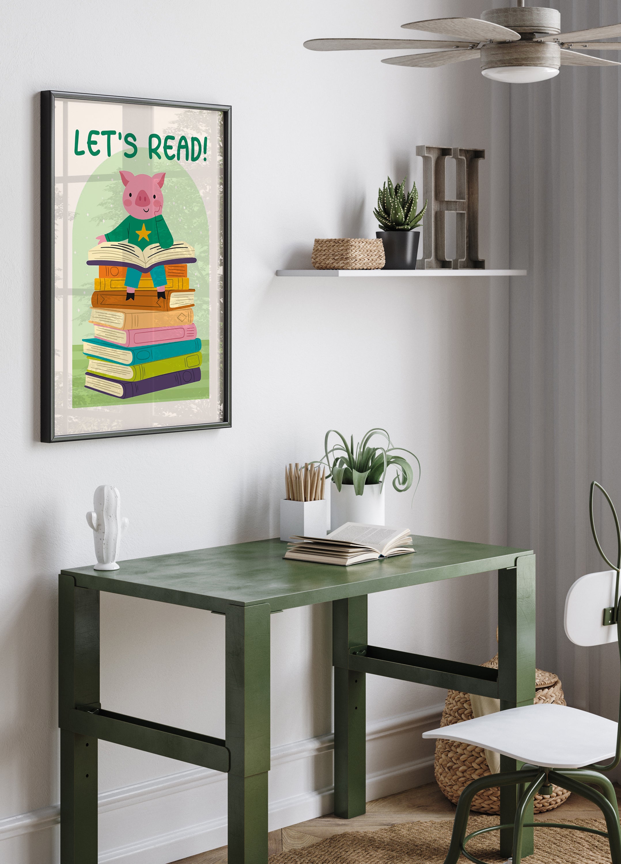 Schwein liest auf Bücherstapel, lasst uns lesen Poster 