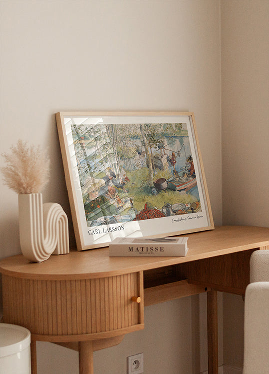 Poster Krebsfischen, Sommer-Familienszene am Flussufer 