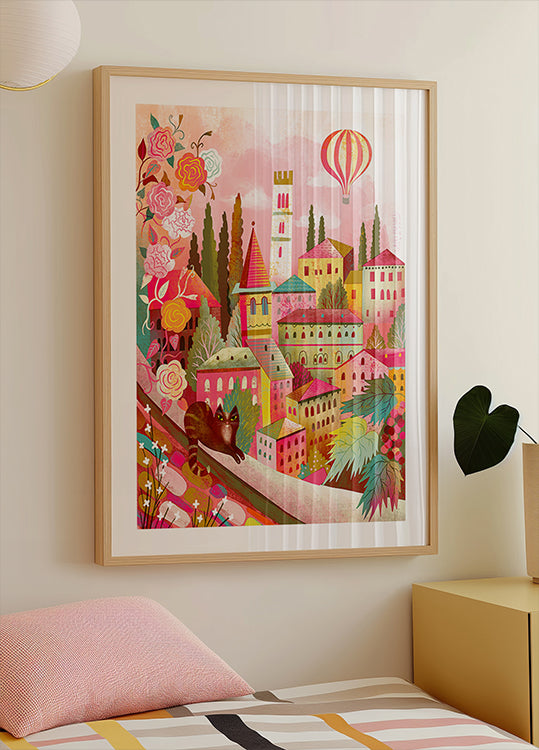 Poster „Italienisches Dorf mit Katze an der Wand“.