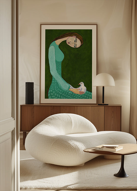 Poster Dame sitzt mit weißer Taube und Vogelfrau
