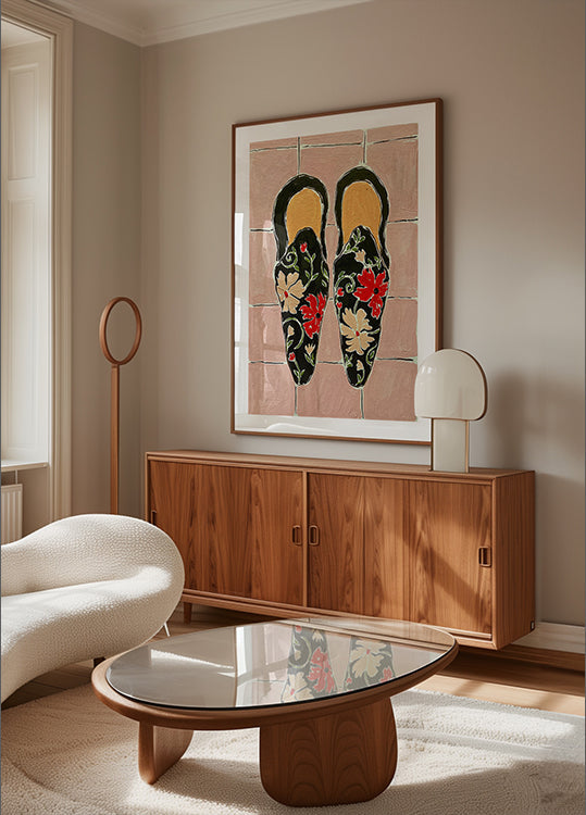 Black Shoes On Pink Tiles Plakat