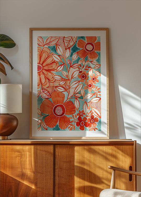 Rote Gänseblümchen mit Aqua-Poster