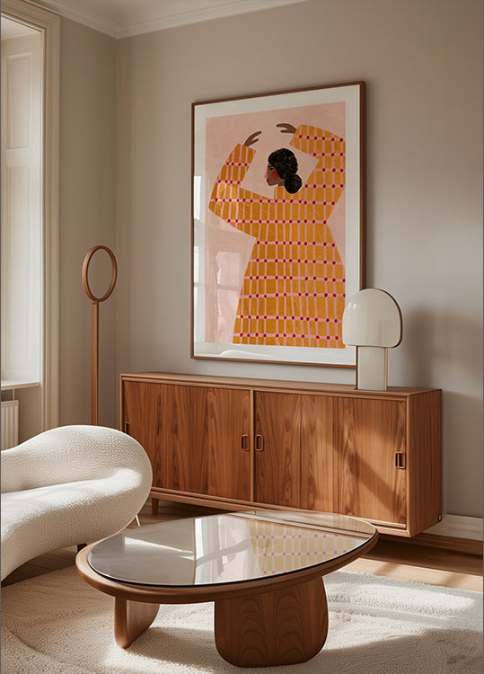 Poster „Die Frau mit dem karierten Kleid“.