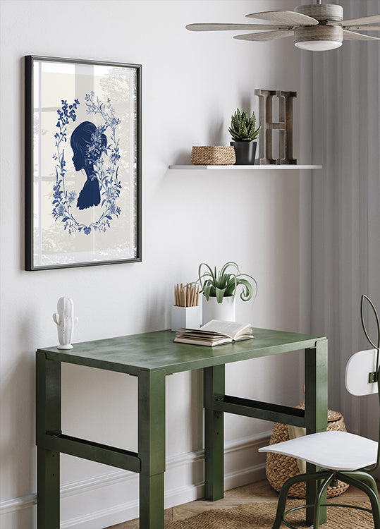 Blumensilhouette, Mädchen in Blüte, Indigo Botanical Poster 