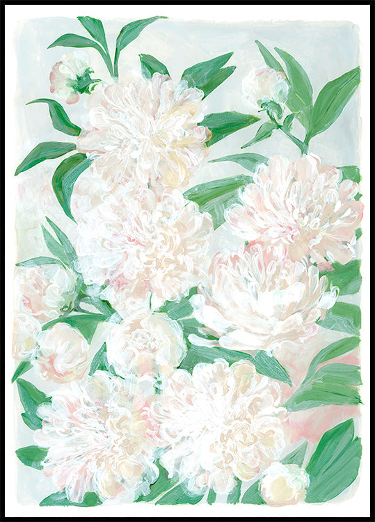 Das Bild ist ein lebendiges und üppiges Gemälde einer Vielzahl weißer und rosa Blumen, darunter Pfingstrosen, umgeben von grünen Blättern.