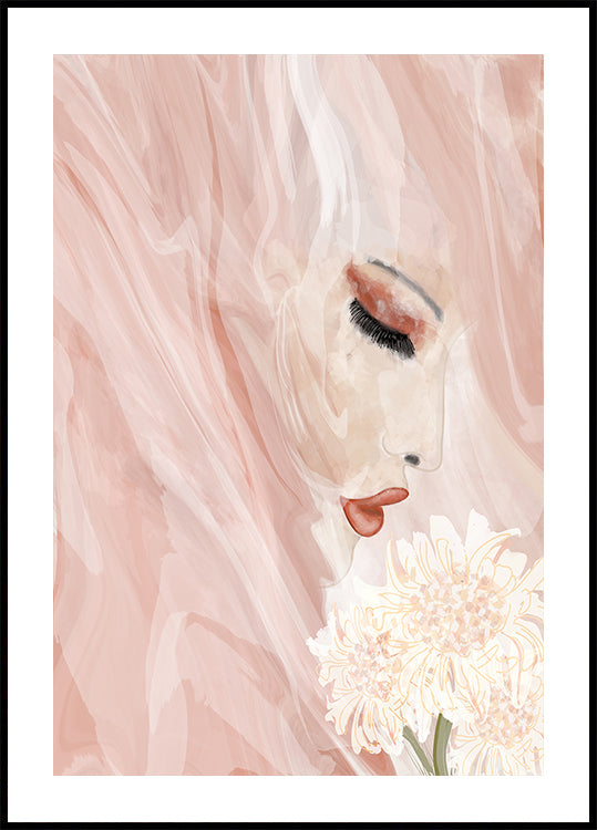 The image is a digital illustration featuring a close-up of a woman's face with her eyes closed, her lips slightly open, and a bouquet of white flowers in the background.