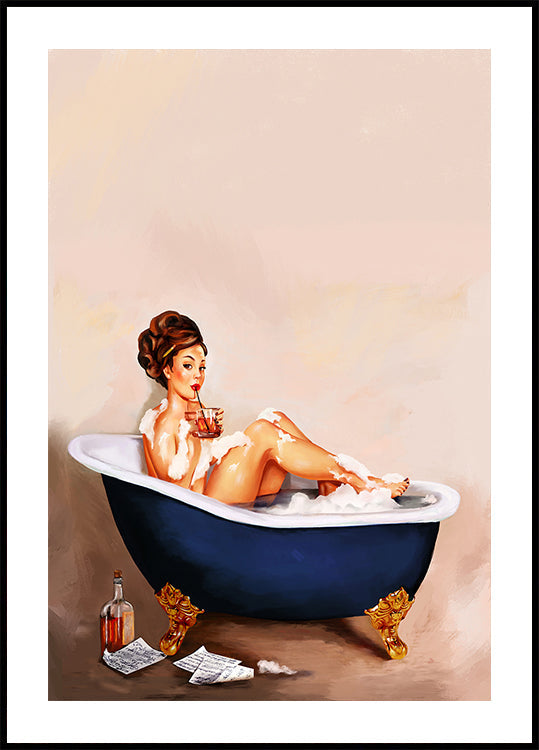 Bathtub Drinks: Pinup Girl Drinking In Bathroom (NEW) - Posterbox