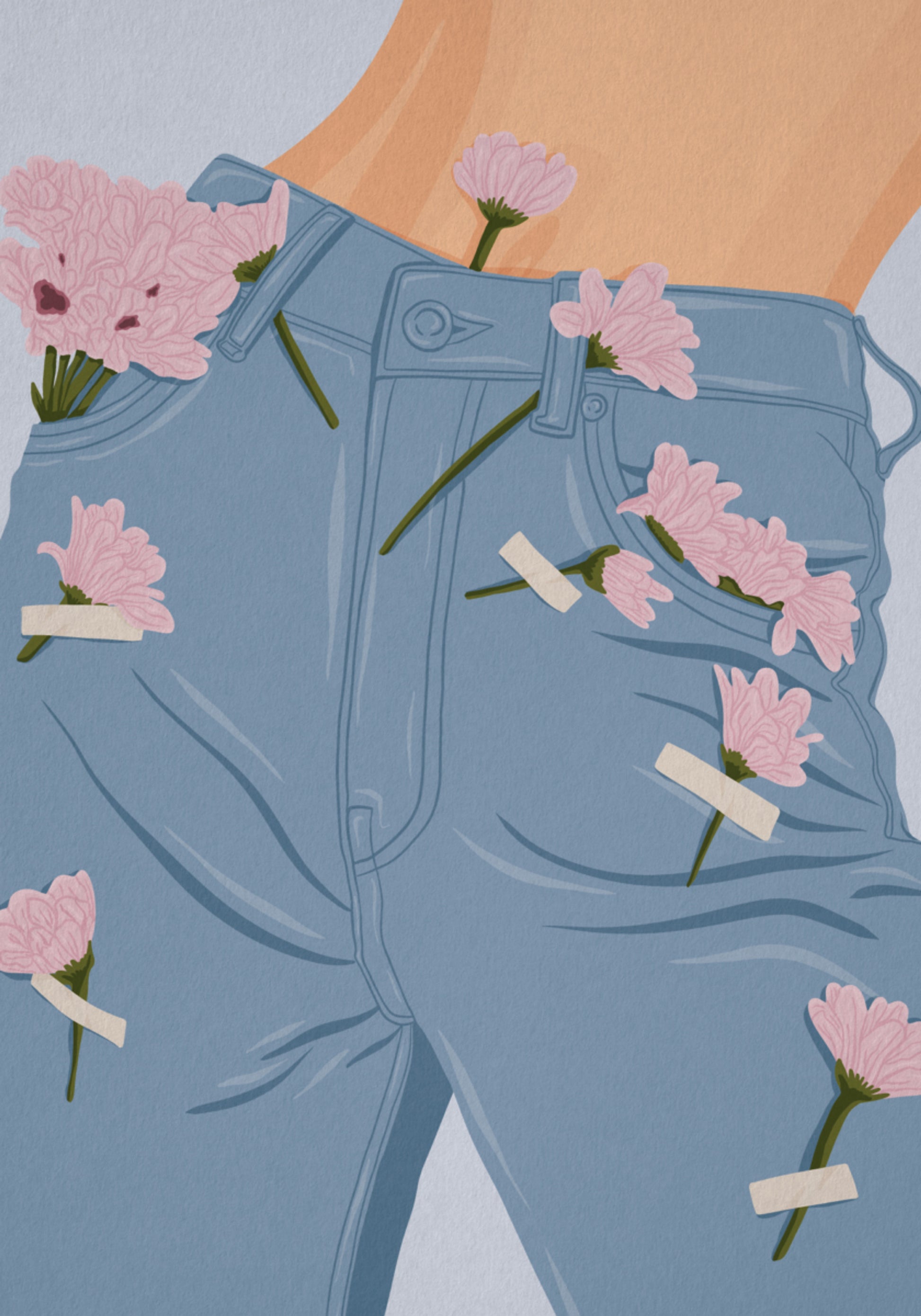 Rosa Blumen auf Jeans