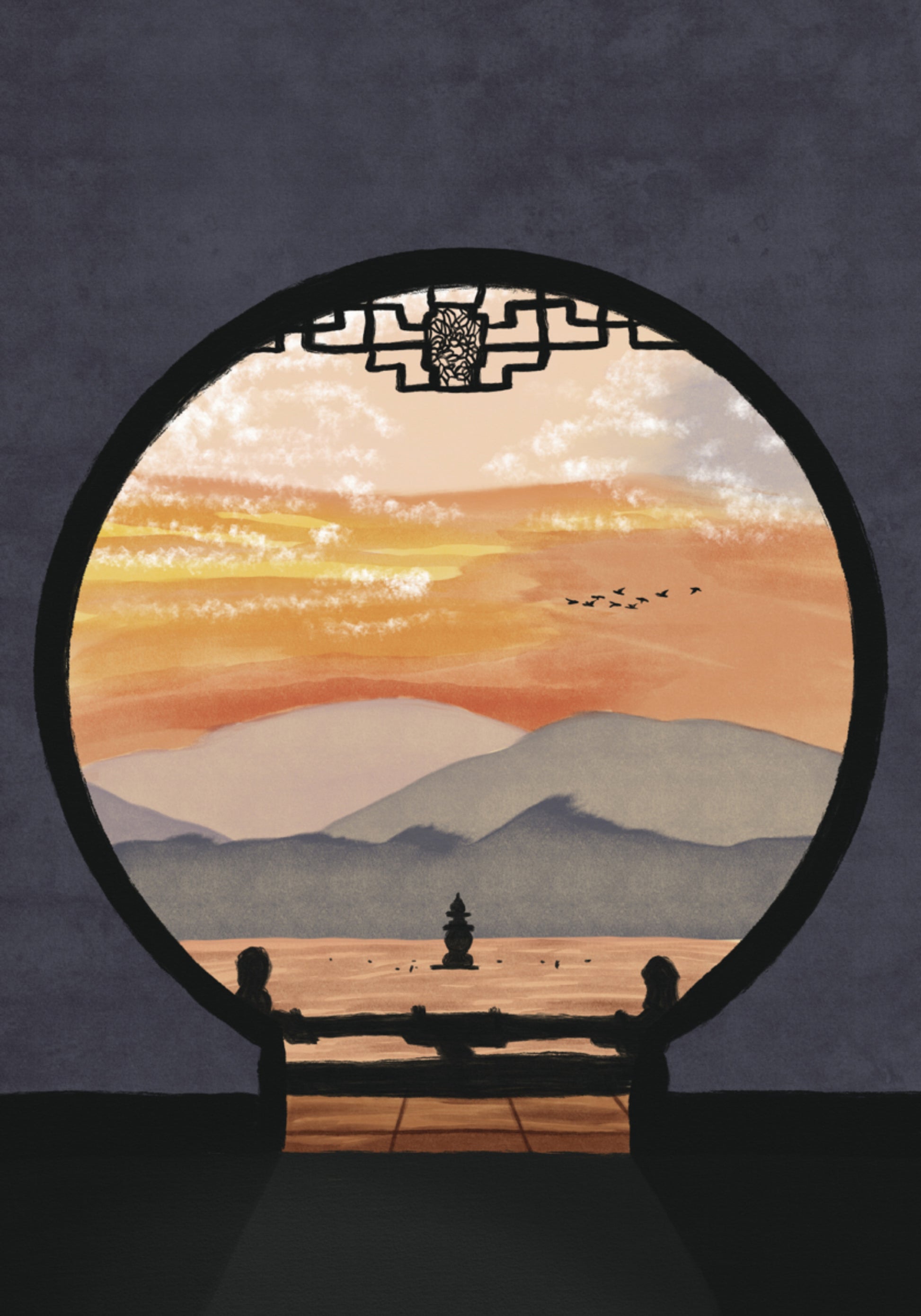 Blick auf den Sonnenuntergang der asiatischen Pagode