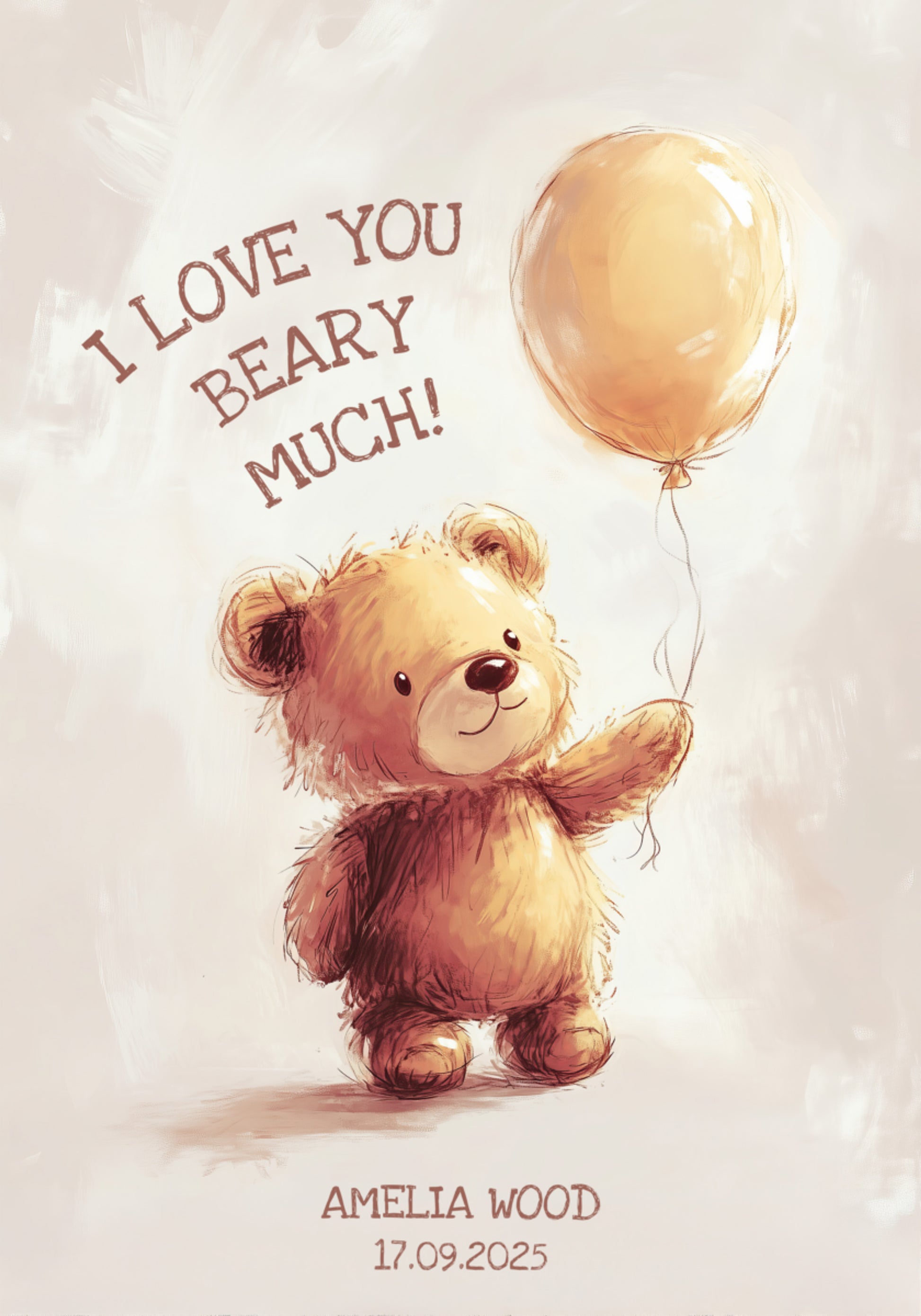 Unpersönlicher Teddybär mit Luftballon und Liebesbotschaft