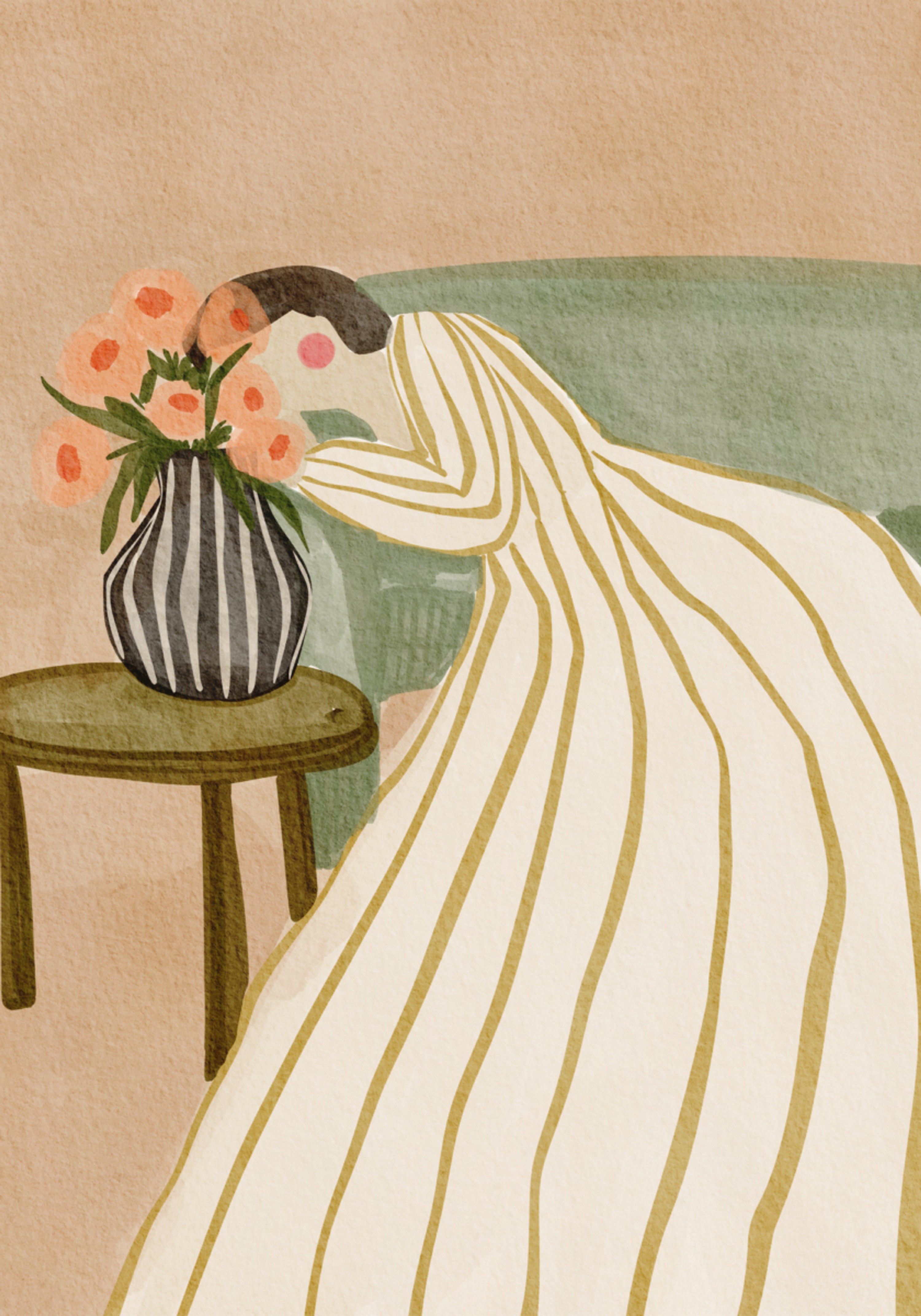 Frau, die Blumen bewundert