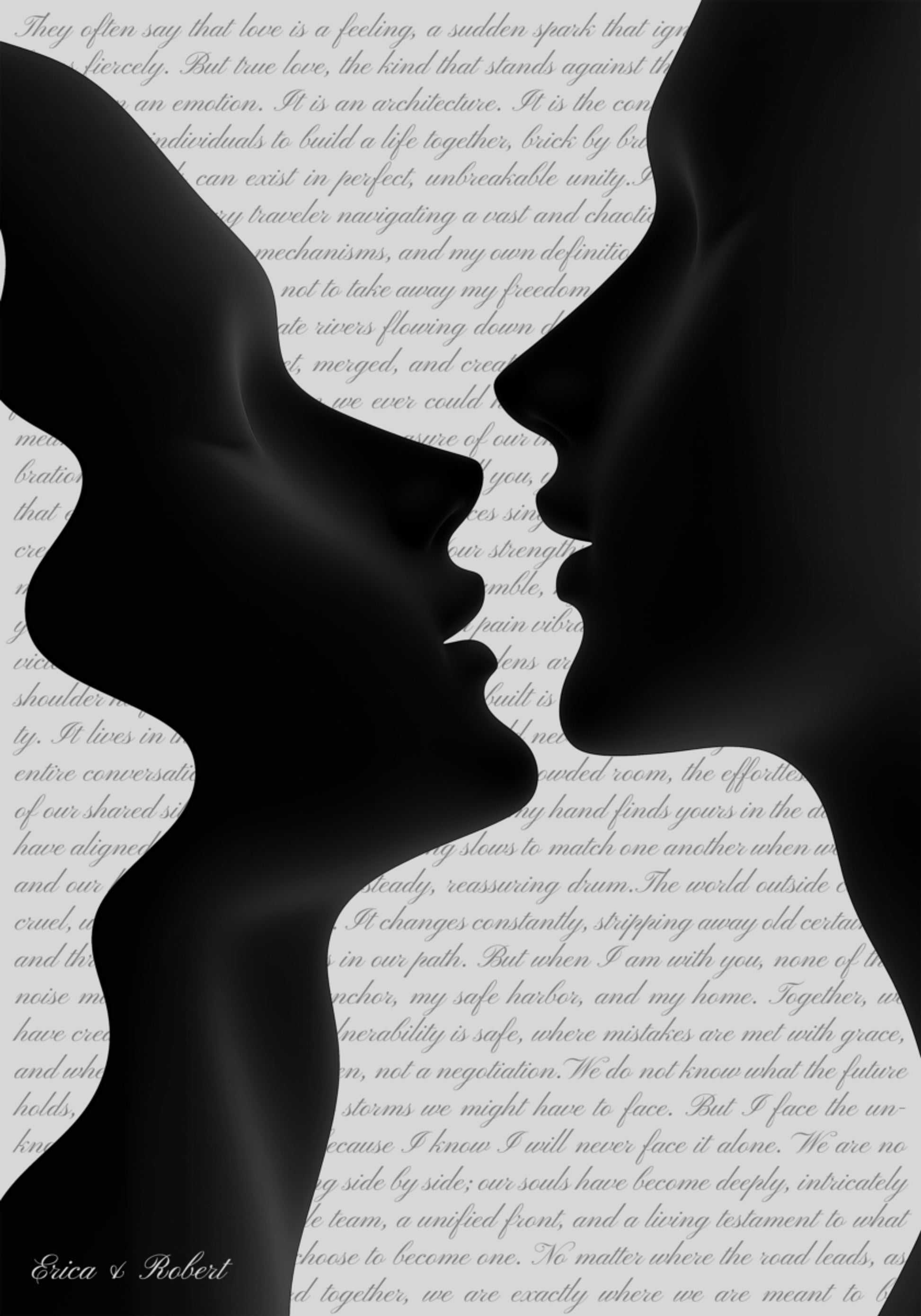 Romantische Silhouette in enger Umarmung mit sanftem Text