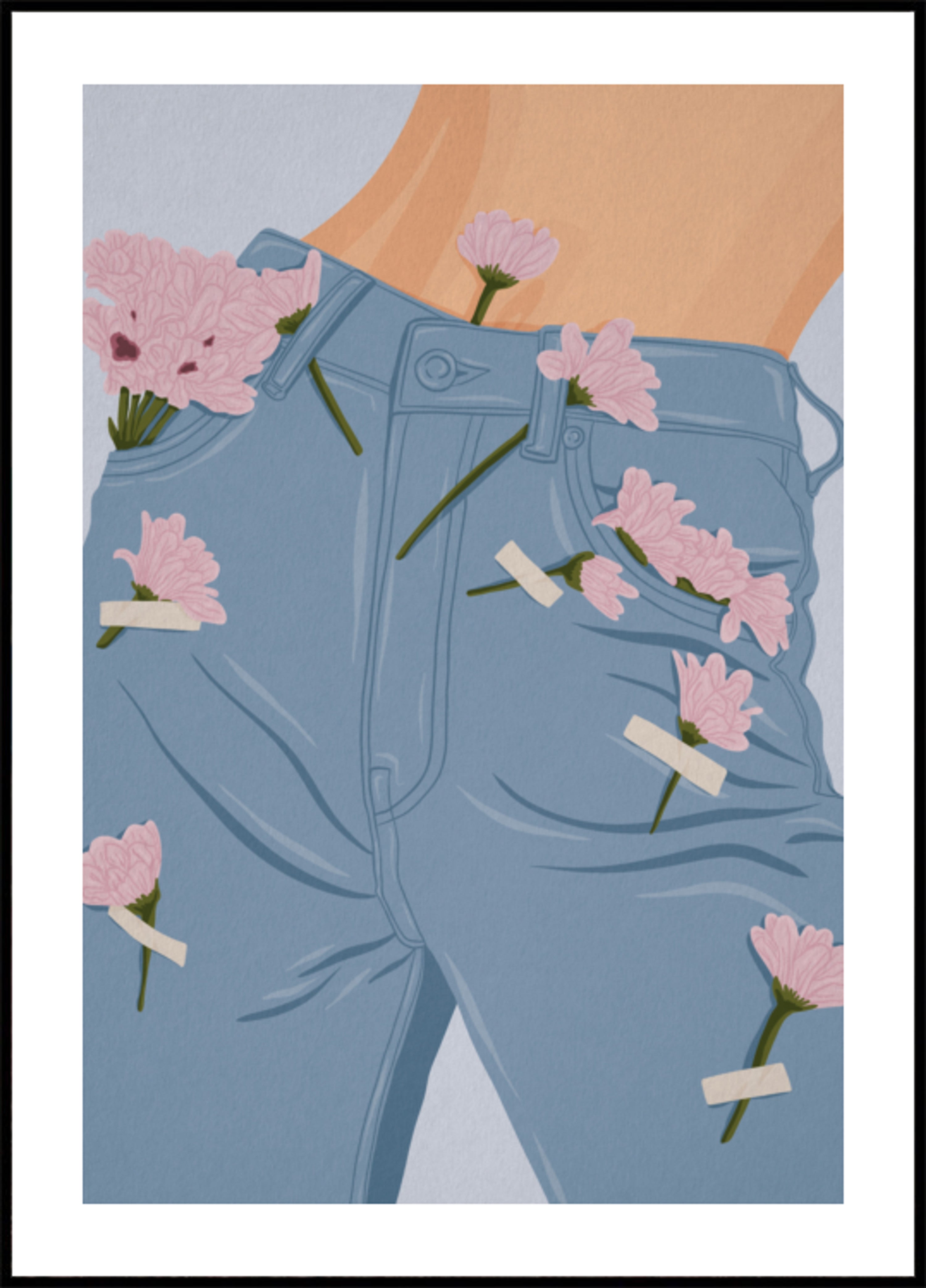 Rosa Blumen auf Jeans