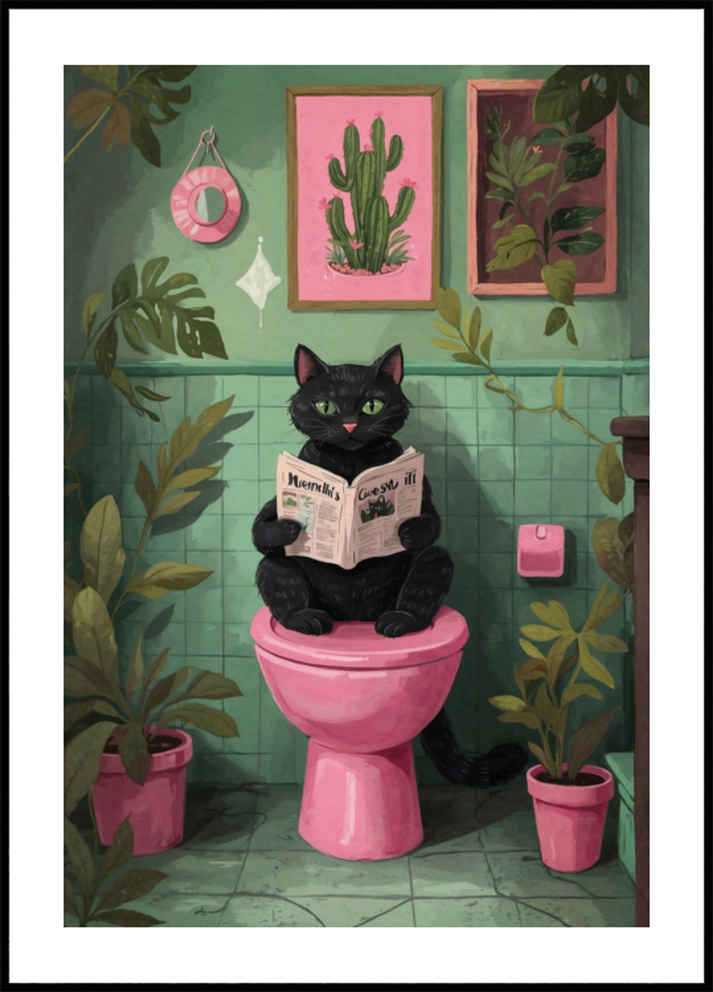 Katze liest im Badezimmer