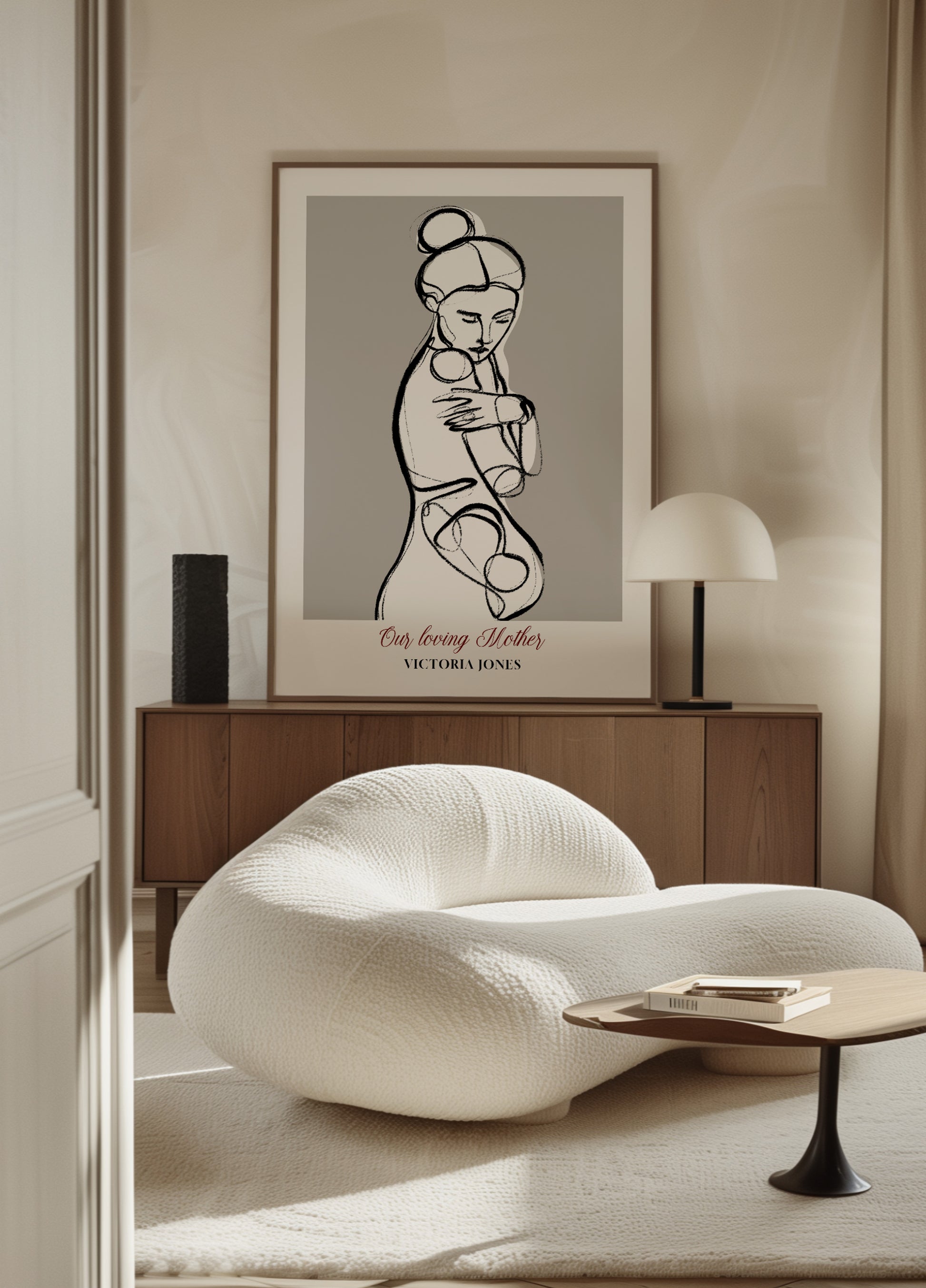 Minimalistische Linienkunst einer Frau in Selbstumarmungen