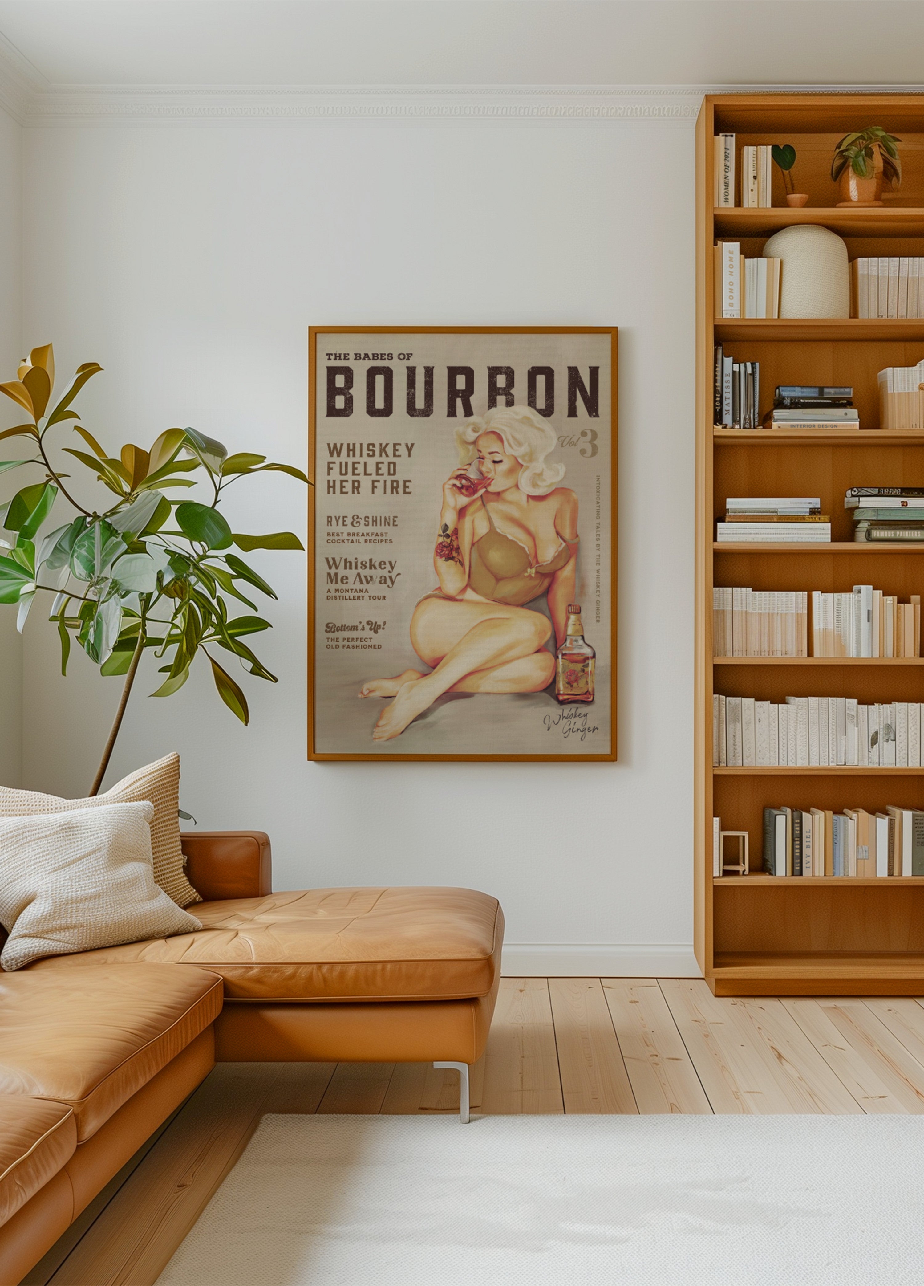 Bourbon-Wandkunst. Sexy Vintage Pin-Up-Girl, das Whiskey trinkt
