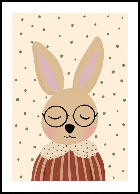 Ein Cartoon-Kaninchen mit Brille und gestreiftem Hemd, mit geschlossenen Augen, vor einem Hintergrund aus grünen Punkten.
