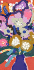 Das Bild ist ein lebendiges und farbenfrohes abstraktes Gemälde mit einer Vielzahl von Blumen und Blattwerk in verschiedenen Farben, darunter Rosa-, Blau-, Grün- und Gelbtöne. Das Gemälde ist eine lebendige und dynamische Komposition mit kräftigen Pinselstrichen und einem Gefühl von Energie und Bewegung.